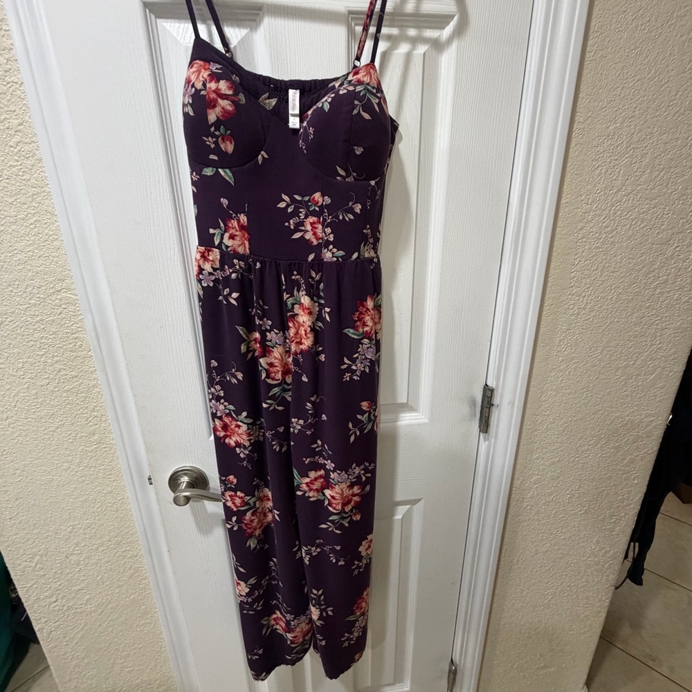 Xhilaration Purple Floral Spaghetti-Strap Jumpsuit